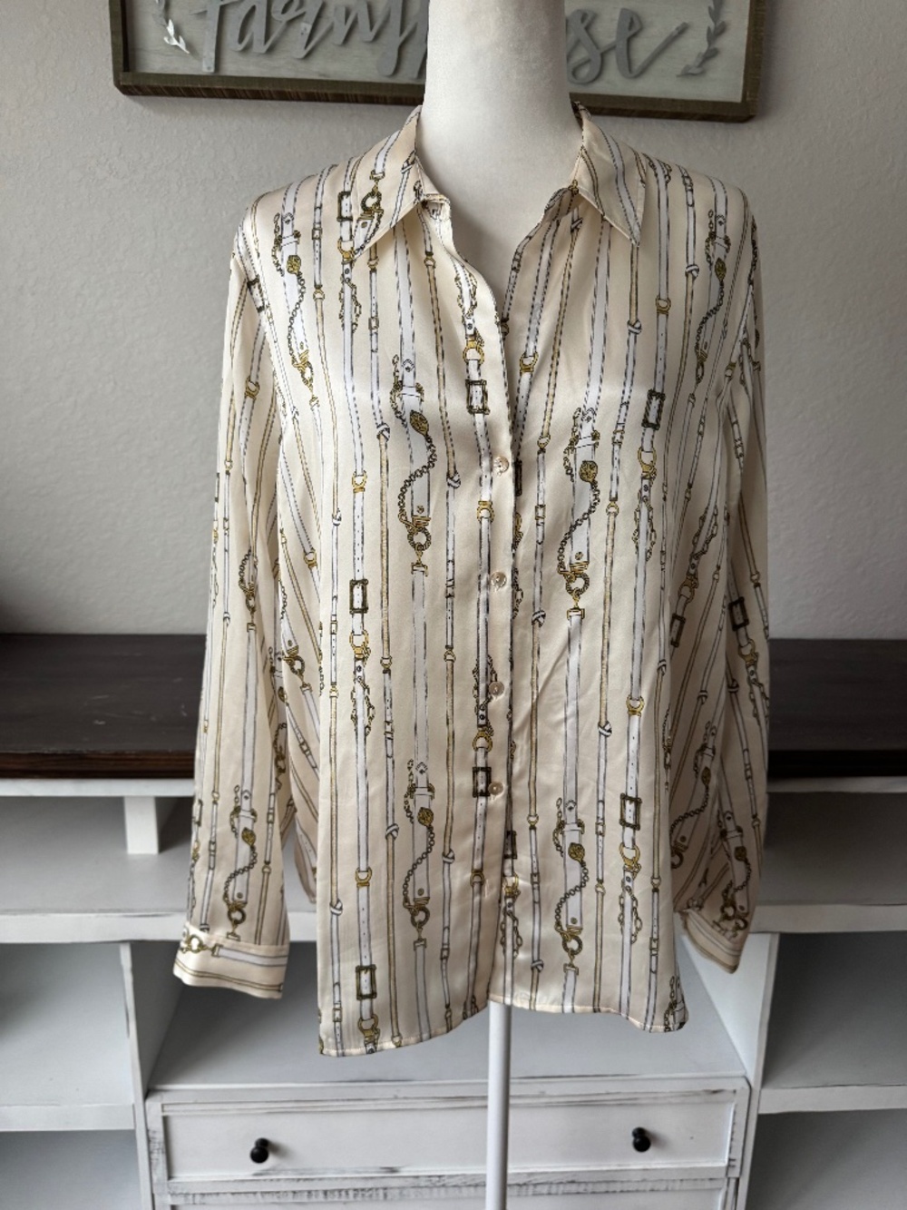L'AGENCE Tyler 100% Silk Button Down Blouse XL Equestrian Chain Print Ivory L